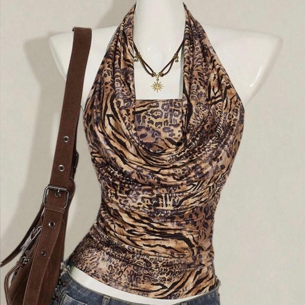 Draped Zebra And Leopard Print Bandeau Top And Strapless Camisole Set XS